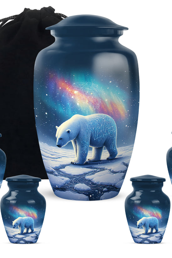 Steel Blue Bear Cremation Urn top-down view of secure threaded lid - elegant classic bear relief with fine detailing - memorial set with one large and four small urns