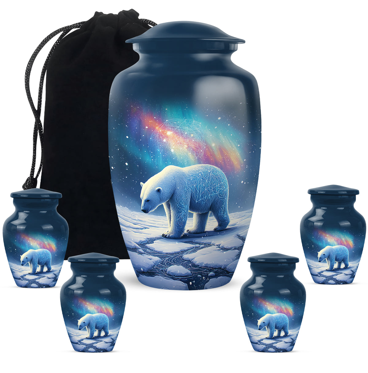 Steel Blue Bear Cremation Urn top-down view of secure threaded lid - elegant classic bear relief with fine detailing - memorial set with one large and four small urns
