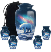 Steel Blue Bear Cremation Urn top-down view of secure threaded lid - elegant classic bear relief with fine detailing - memorial set with one large and four small urns
