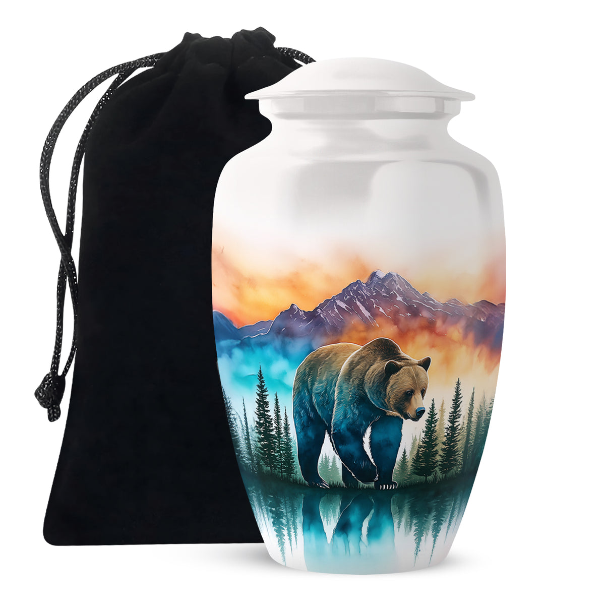 Platinum Silver Bear Cremation Urn angled view of lid and engraved motif - timeless bear motif etched into premium metal - full-size 10 inch 200 cubic inch adult cremation urn