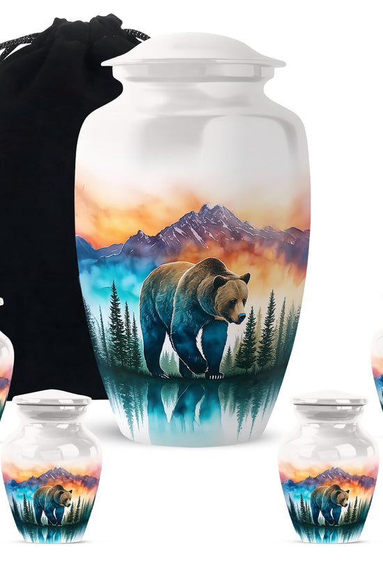 Gleaming Silver Bear Cremation Urn top-down view of secure threaded lid - timeless bear motif etched into premium metal - memorial set with one large and four small urns