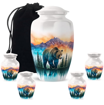 Gleaming Silver Bear Cremation Urn top-down view of secure threaded lid - timeless bear motif etched into premium metal - memorial set with one large and four small urns