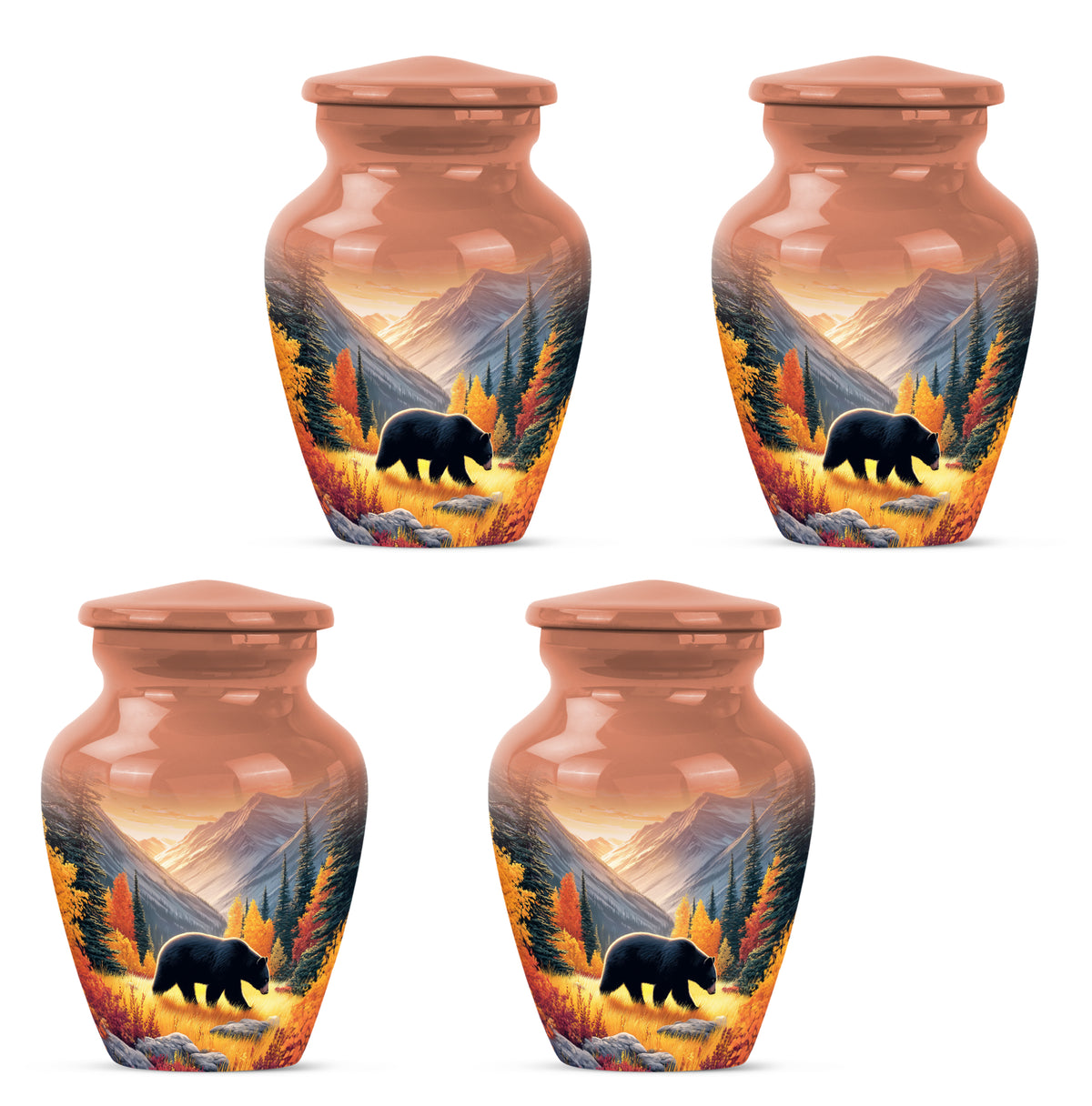 Burnished Gold Bear Cremation Urn side profile showing urn shape - elegant classic bear relief with fine detailing - 10 inch aluminum urn for cremated remains
