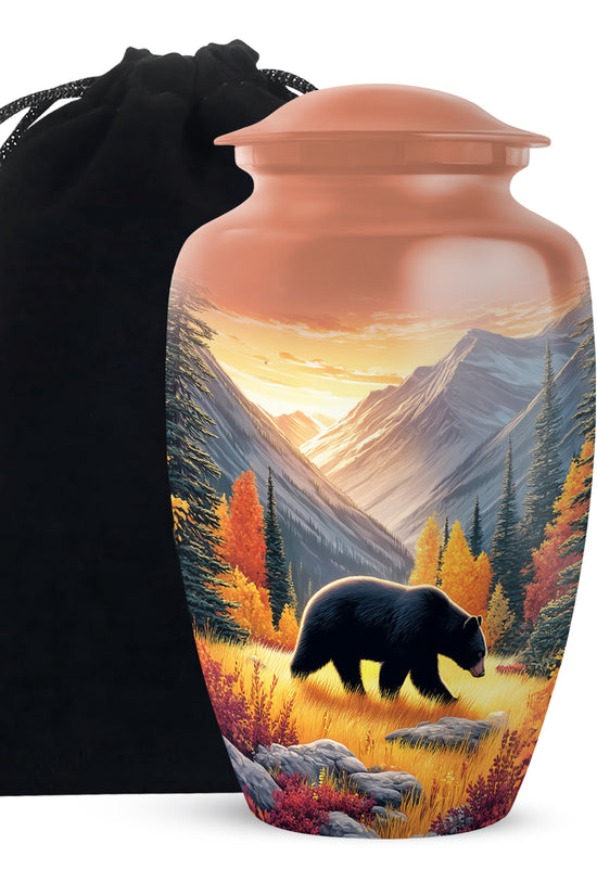 Burnished Gold Bear Cremation Urn angled view of lid and engraved motif - traditional bear engraving with hand-polished finish - full-size 10 inch 200 cubic inch adult cremation urn