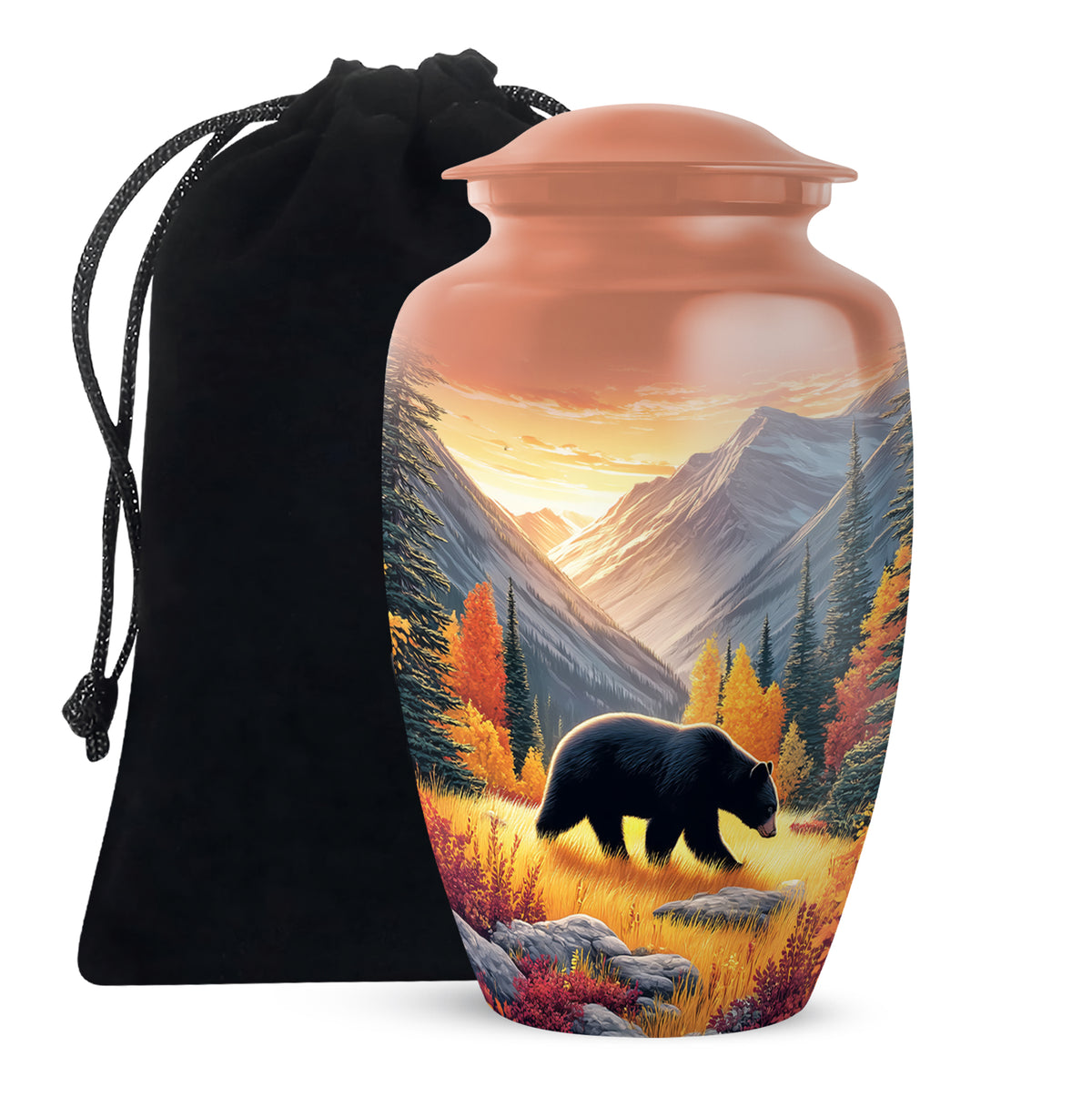 Burnished Gold Bear Cremation Urn angled view of lid and engraved motif - traditional bear engraving with hand-polished finish - full-size 10 inch 200 cubic inch adult cremation urn