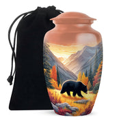 Burnished Gold Bear Cremation Urn angled view of lid and engraved motif - traditional bear engraving with hand-polished finish - full-size 10 inch 200 cubic inch adult cremation urn