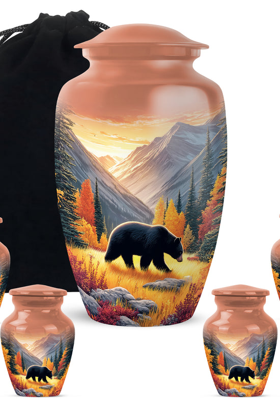 Royal Gold Bear Cremation Urn top-down view of secure threaded lid - elegant classic bear relief with fine detailing - memorial set with one large and four small urns