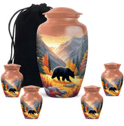 Royal Gold Bear Cremation Urn top-down view of secure threaded lid - elegant classic bear relief with fine detailing - memorial set with one large and four small urns