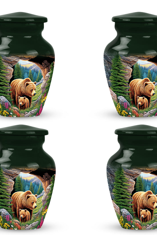 Emerald Green Bear Cremation Urn side profile showing urn shape - classic sculpted bear pattern on smooth aluminum - 10 inch aluminum urn for cremated remains