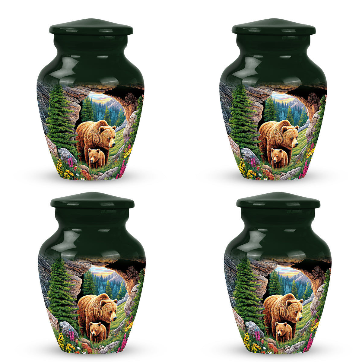 Emerald Green Bear Cremation Urn side profile showing urn shape - classic sculpted bear pattern on smooth aluminum - 10 inch aluminum urn for cremated remains