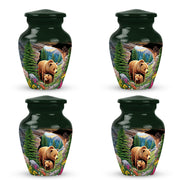 Emerald Green Bear Cremation Urn side profile showing urn shape - classic sculpted bear pattern on smooth aluminum - 10 inch aluminum urn for cremated remains