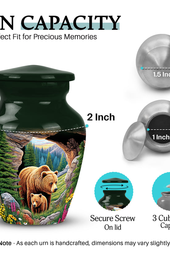 Moss Green Bear Cremation Urn close-up of engraving and surface detail - timeless bear motif etched into premium metal - mini keepsake memorial for portion of cremation ashes