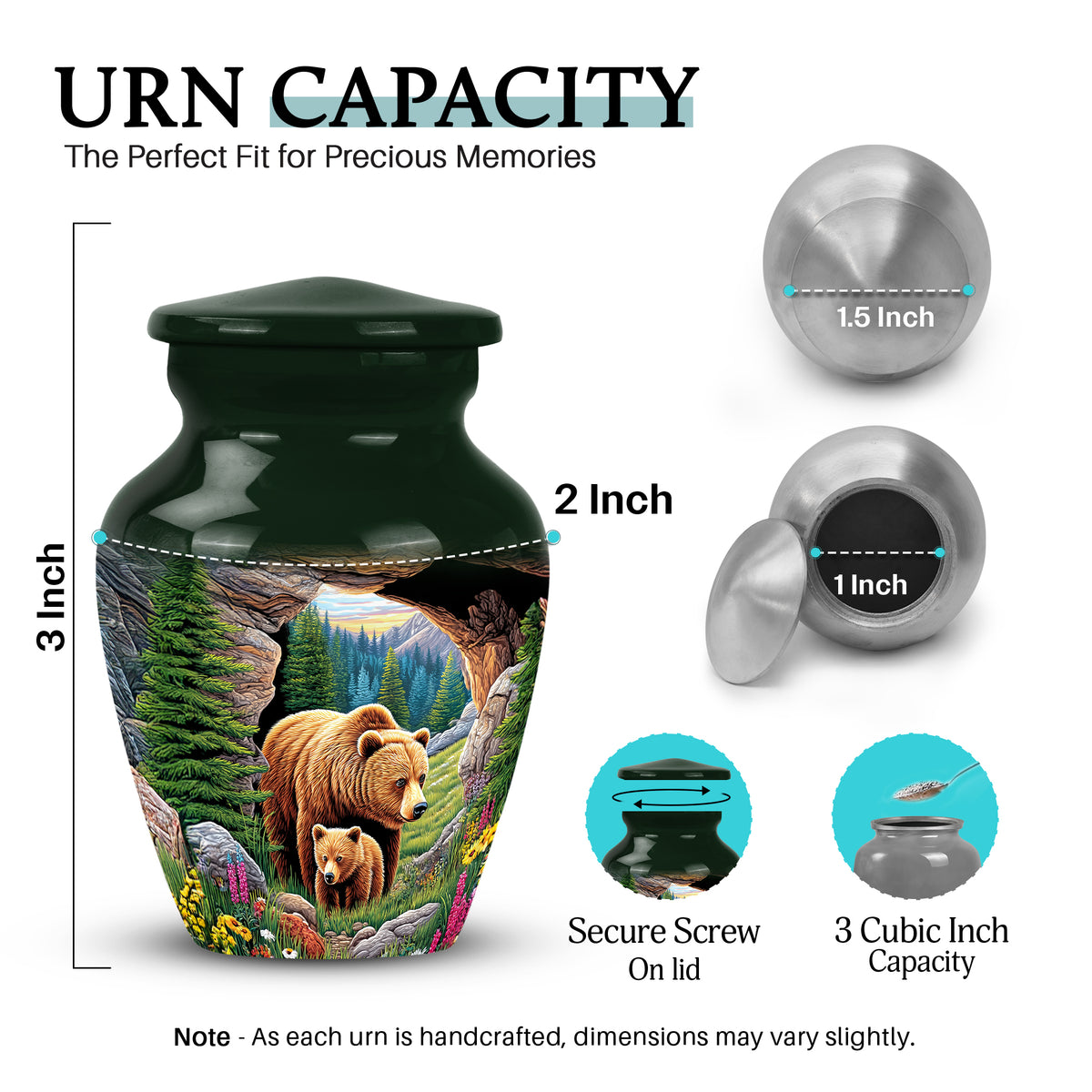 Moss Green Bear Cremation Urn close-up of engraving and surface detail - timeless bear motif etched into premium metal - mini keepsake memorial for portion of cremation ashes