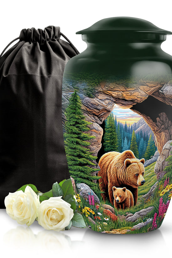 Emerald Green Bear Cremation Urn angled view of lid and engraved motif - classic sculpted bear pattern on smooth aluminum - full-size 10 inch 200 cubic inch adult cremation urn