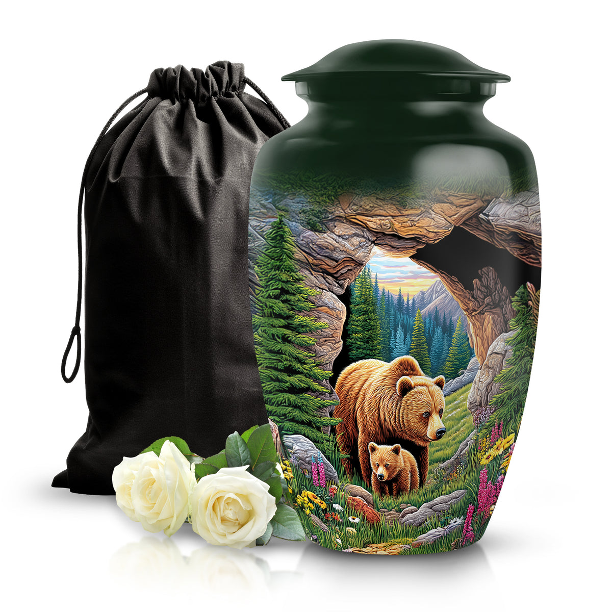 Emerald Green Bear Cremation Urn angled view of lid and engraved motif - classic sculpted bear pattern on smooth aluminum - full-size 10 inch 200 cubic inch adult cremation urn