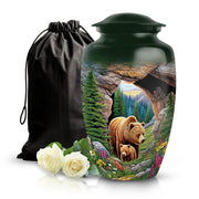 Emerald Green Bear Cremation Urn angled view of lid and engraved motif - classic sculpted bear pattern on smooth aluminum - full-size 10 inch 200 cubic inch adult cremation urn