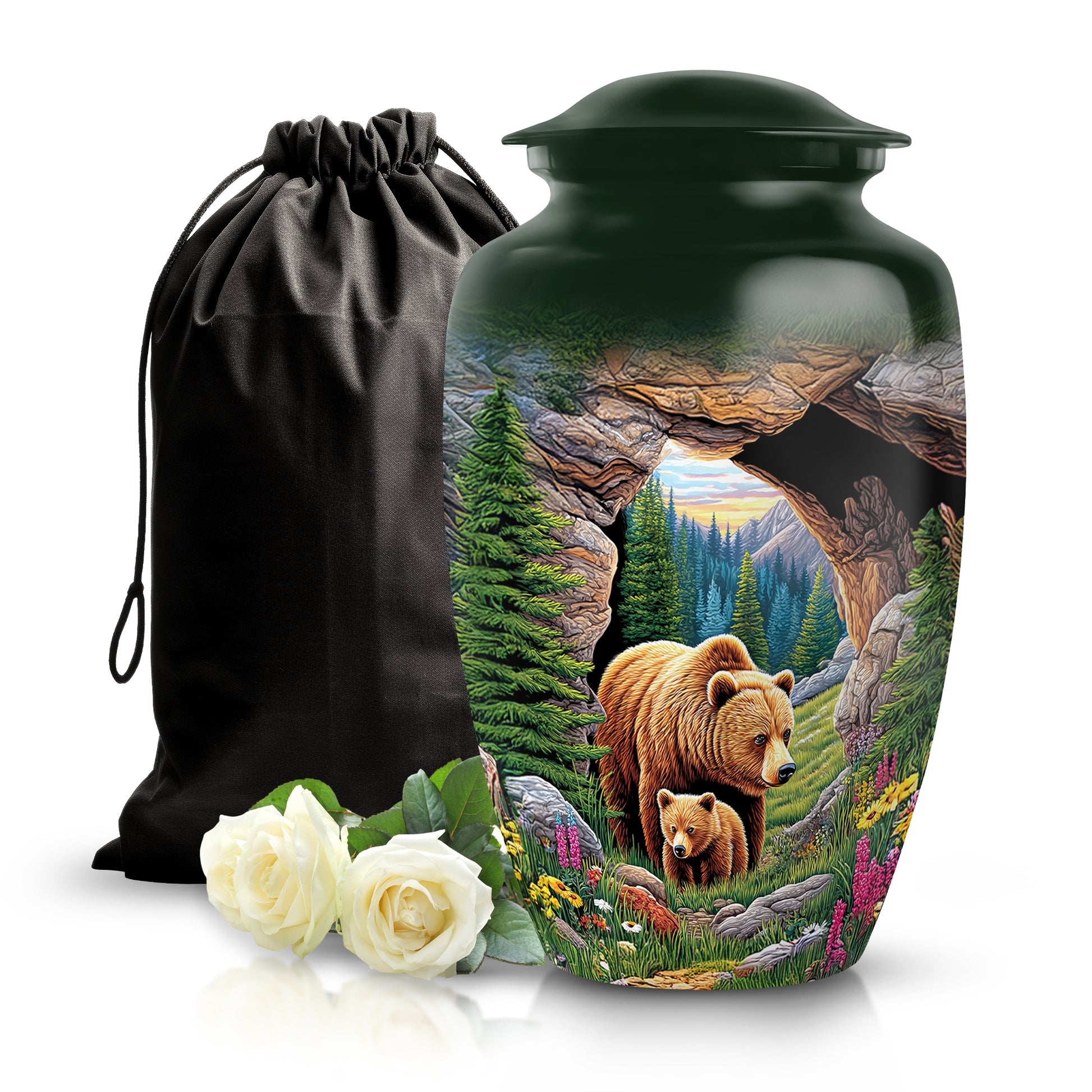 Emerald Green Bear Cremation Urn angled view of lid and engraved motif - classic sculpted bear pattern on smooth aluminum - full-size 10 inch 200 cubic inch adult cremation urn