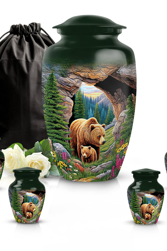 Pine Green Bear Cremation Urn top-down view of secure threaded lid - elegant classic bear relief with fine detailing - memorial set with one large and four small urns