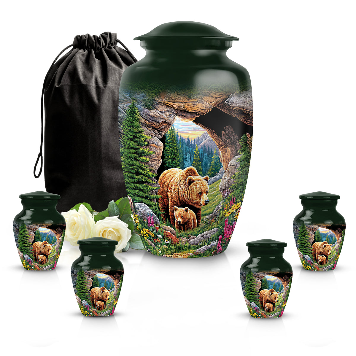 Pine Green Bear Cremation Urn top-down view of secure threaded lid - elegant classic bear relief with fine detailing - memorial set with one large and four small urns