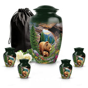 Pine Green Bear Cremation Urn top-down view of secure threaded lid - elegant classic bear relief with fine detailing - memorial set with one large and four small urns