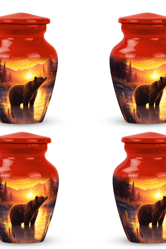 Fiery Red Bear Cremation Urn side profile showing urn shape - traditional bear engraving with hand-polished finish - 10 inch aluminum urn for cremated remains
