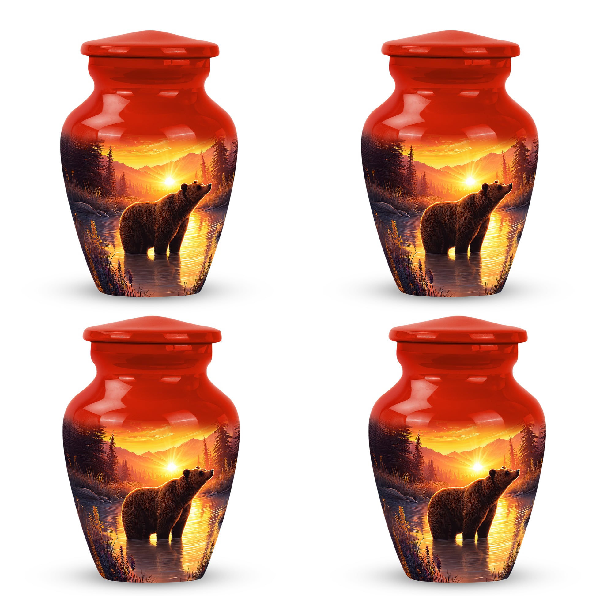 Fiery Red Bear Cremation Urn side profile showing urn shape - traditional bear engraving with hand-polished finish - 10 inch aluminum urn for cremated remains