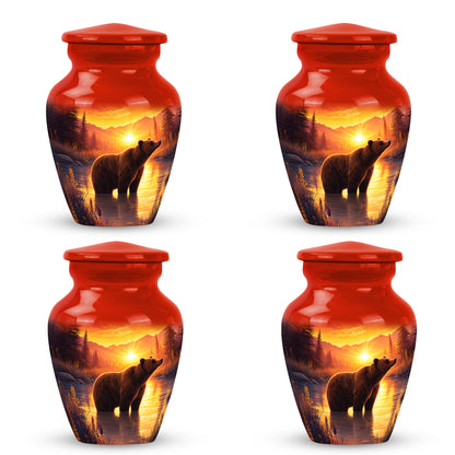 Fiery Red Bear Cremation Urn side profile showing urn shape - traditional bear engraving with hand-polished finish - 10 inch aluminum urn for cremated remains