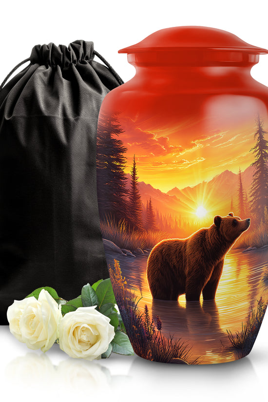 Burgundy Red Bear Cremation Urn angled view of lid and engraved motif - classic sculpted bear pattern on smooth aluminum - full-size 10 inch 200 cubic inch adult cremation urn