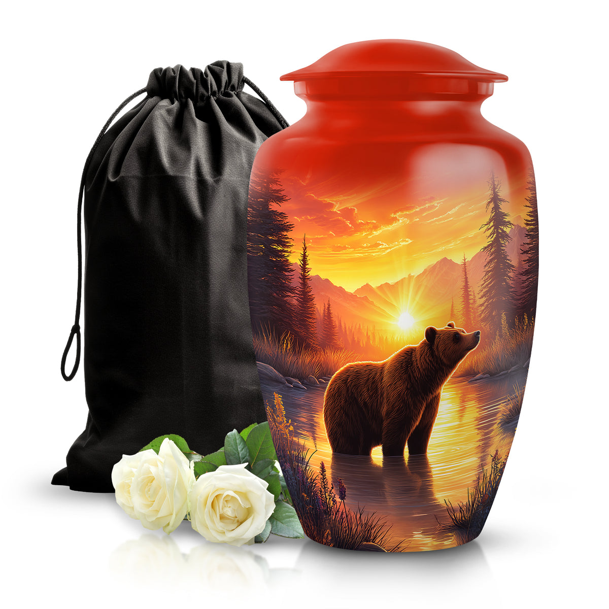 Burgundy Red Bear Cremation Urn angled view of lid and engraved motif - classic sculpted bear pattern on smooth aluminum - full-size 10 inch 200 cubic inch adult cremation urn