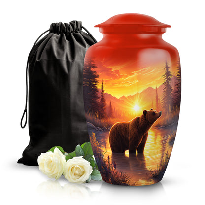 Burgundy Red Bear Cremation Urn angled view of lid and engraved motif - classic sculpted bear pattern on smooth aluminum - full-size 10 inch 200 cubic inch adult cremation urn