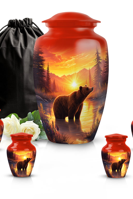 Wine Red Bear Cremation Urn top-down view of secure threaded lid - timeless bear motif etched into premium metal - memorial set with one large and four small urns