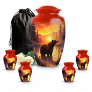 Wine Red Bear Cremation Urn top-down view of secure threaded lid - timeless bear motif etched into premium metal - memorial set with one large and four small urns