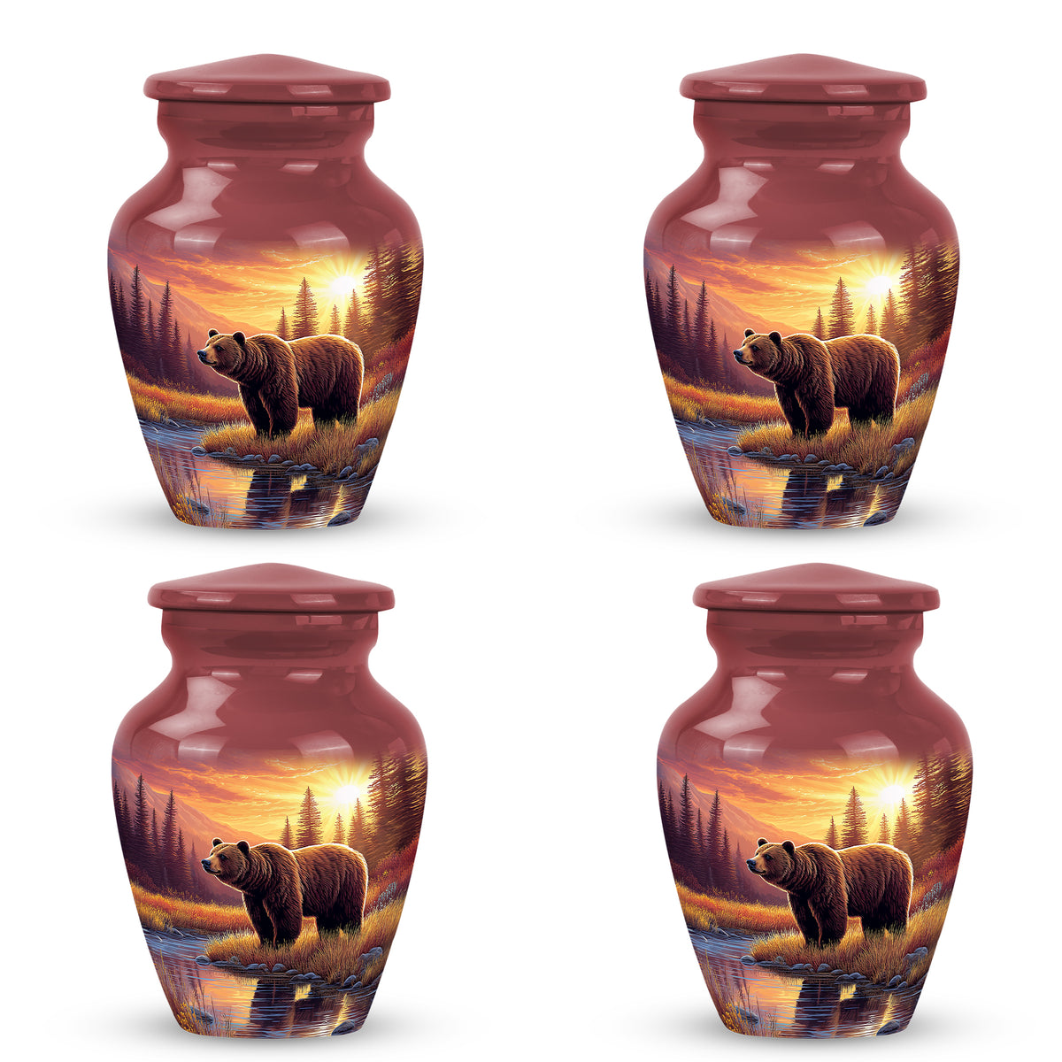Wine Red Bear Cremation Urn side profile showing urn shape - timeless bear motif etched into premium metal - 10 inch aluminum urn for cremated remains