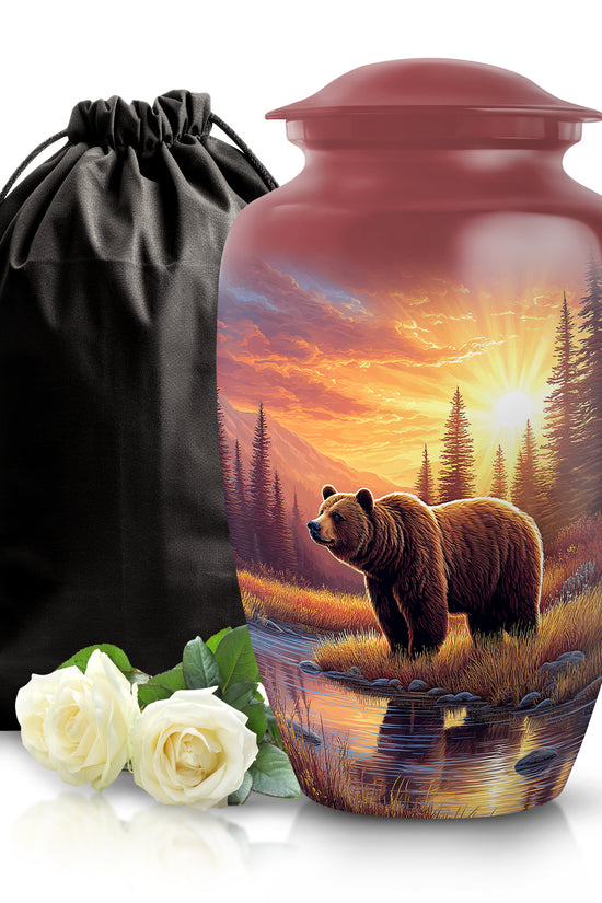 Burgundy Red Bear Cremation Urn angled view of lid and engraved motif - classic sculpted bear pattern on smooth aluminum - full-size 10 inch 200 cubic inch adult cremation urn