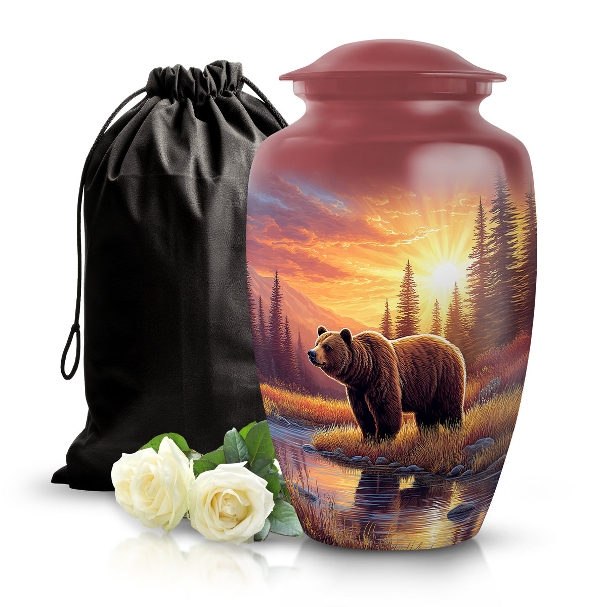 Burgundy Red Bear Cremation Urn angled view of lid and engraved motif - classic sculpted bear pattern on smooth aluminum - full-size 10 inch 200 cubic inch adult cremation urn