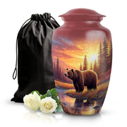 Burgundy Red Bear Cremation Urn angled view of lid and engraved motif - classic sculpted bear pattern on smooth aluminum - full-size 10 inch 200 cubic inch adult cremation urn