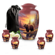 Garnet Red Bear Cremation Urn top-down view of secure threaded lid - classic sculpted bear pattern on smooth aluminum - memorial set with one large and four small urns