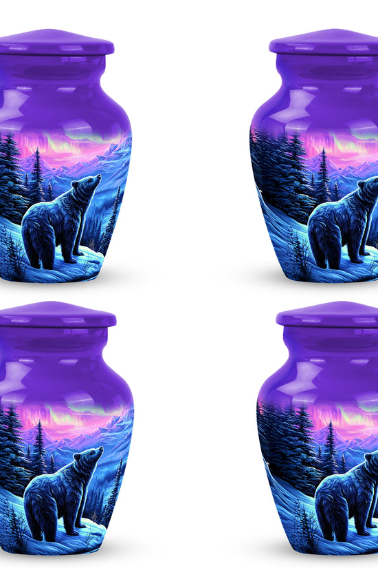 Lavender Purple Bear Cremation Urn side profile showing urn shape - traditional bear engraving with hand-polished finish - 10 inch aluminum urn for cremated remains