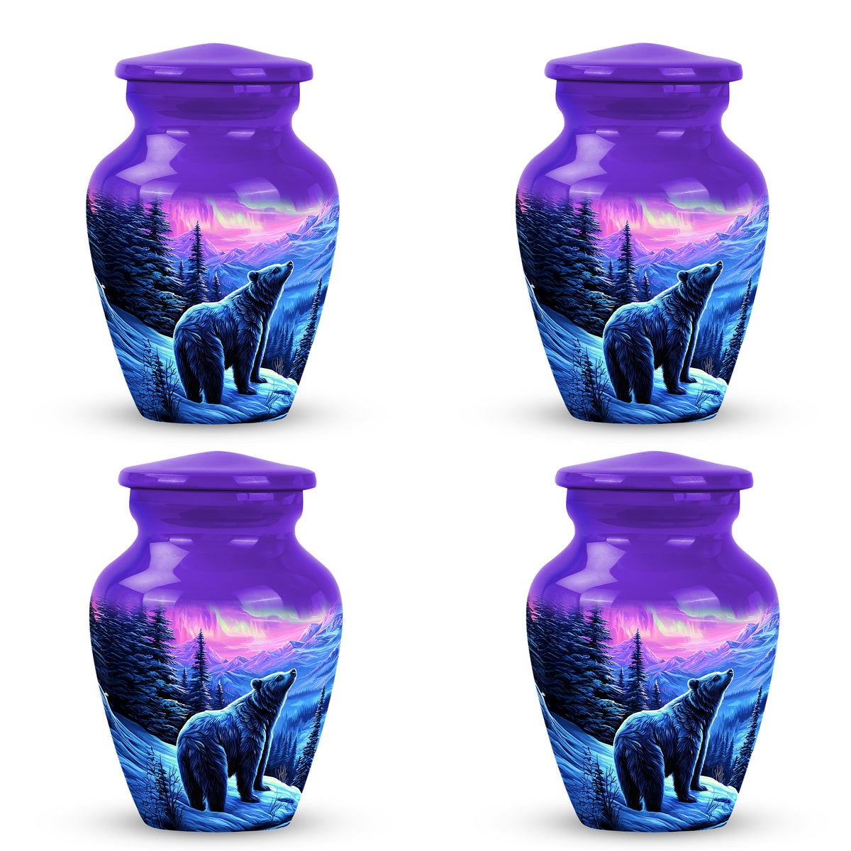 Lavender Purple Bear Cremation Urn side profile showing urn shape - traditional bear engraving with hand-polished finish - 10 inch aluminum urn for cremated remains