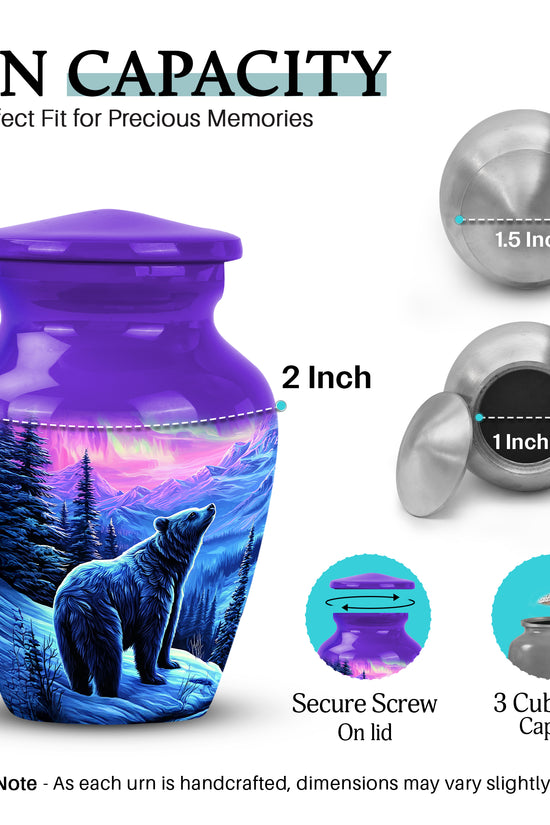 Deep Purple Bear Cremation Urn close-up of engraving and surface detail - classic sculpted bear pattern on smooth aluminum - mini keepsake memorial for portion of cremation ashes