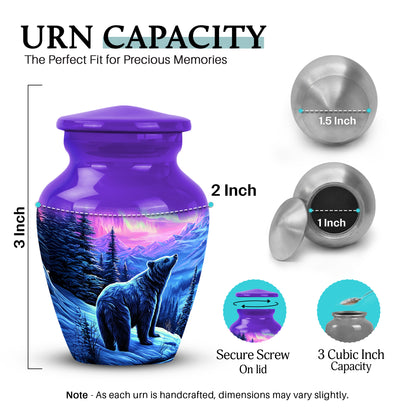 Deep Purple Bear Cremation Urn close-up of engraving and surface detail - classic sculpted bear pattern on smooth aluminum - mini keepsake memorial for portion of cremation ashes