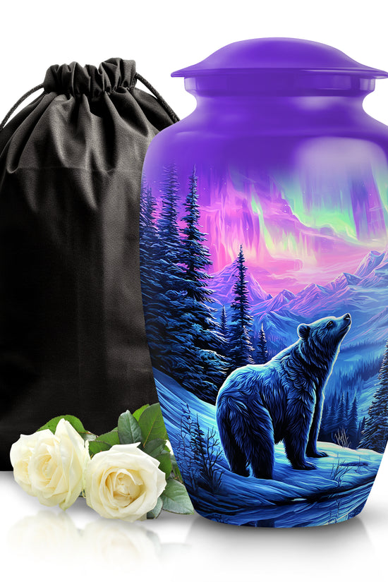 Royal Purple Bear Cremation Urn angled view of lid and engraved motif - traditional bear engraving with hand-polished finish - full-size 10 inch 200 cubic inch adult cremation urn