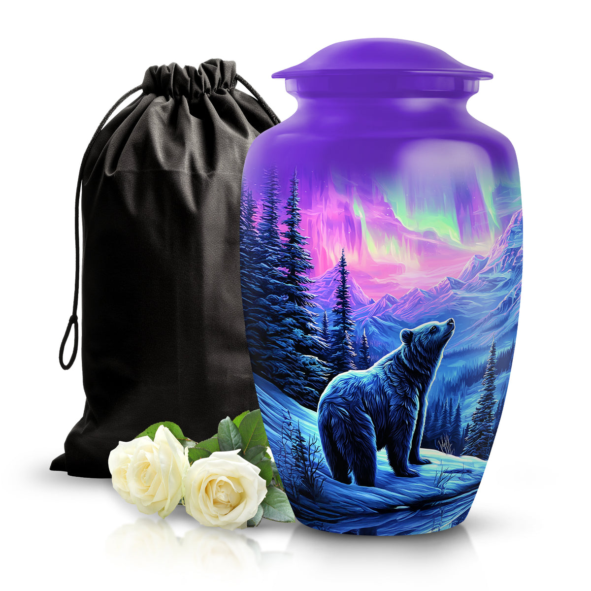 Royal Purple Bear Cremation Urn angled view of lid and engraved motif - traditional bear engraving with hand-polished finish - full-size 10 inch 200 cubic inch adult cremation urn