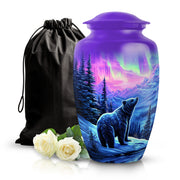 Royal Purple Bear Cremation Urn angled view of lid and engraved motif - traditional bear engraving with hand-polished finish - full-size 10 inch 200 cubic inch adult cremation urn