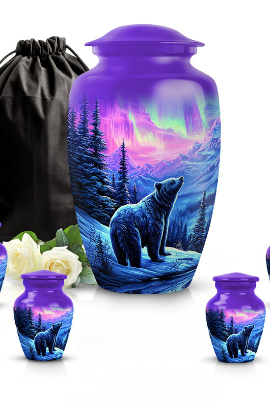 Plum Purple Bear Cremation Urn top-down view of secure threaded lid - classic sculpted bear pattern on smooth aluminum - memorial set with one large and four small urns