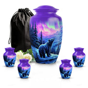 Plum Purple Bear Cremation Urn top-down view of secure threaded lid - classic sculpted bear pattern on smooth aluminum - memorial set with one large and four small urns