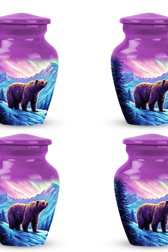 Petal Pink Bear Cremation Urn side profile showing urn shape - traditional bear engraving with hand-polished finish - 10 inch aluminum urn for cremated remains