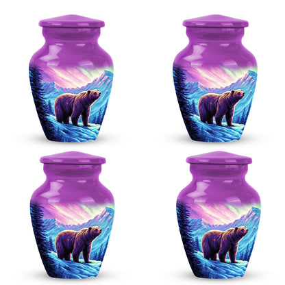Petal Pink Bear Cremation Urn side profile showing urn shape - traditional bear engraving with hand-polished finish - 10 inch aluminum urn for cremated remains