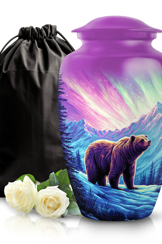 Rose Pink Bear Cremation Urn angled view of lid and engraved motif - timeless bear motif etched into premium metal - full-size 10 inch 200 cubic inch adult cremation urn