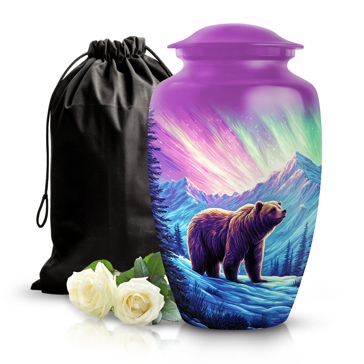 Rose Pink Bear Cremation Urn angled view of lid and engraved motif - timeless bear motif etched into premium metal - full-size 10 inch 200 cubic inch adult cremation urn